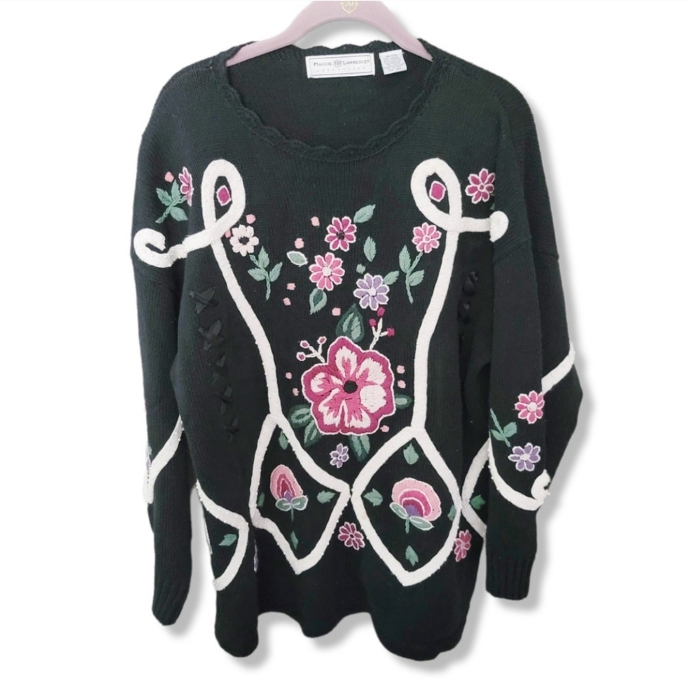 Maggie Lawrence Vintage black pink cottagecore cotton grandma sweater ugly  2X